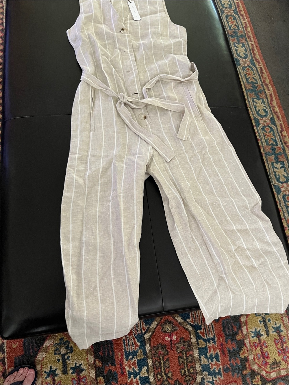 Sanctuary Sleeveless Striped Linen-Blend Jumpsuit in Beige & White